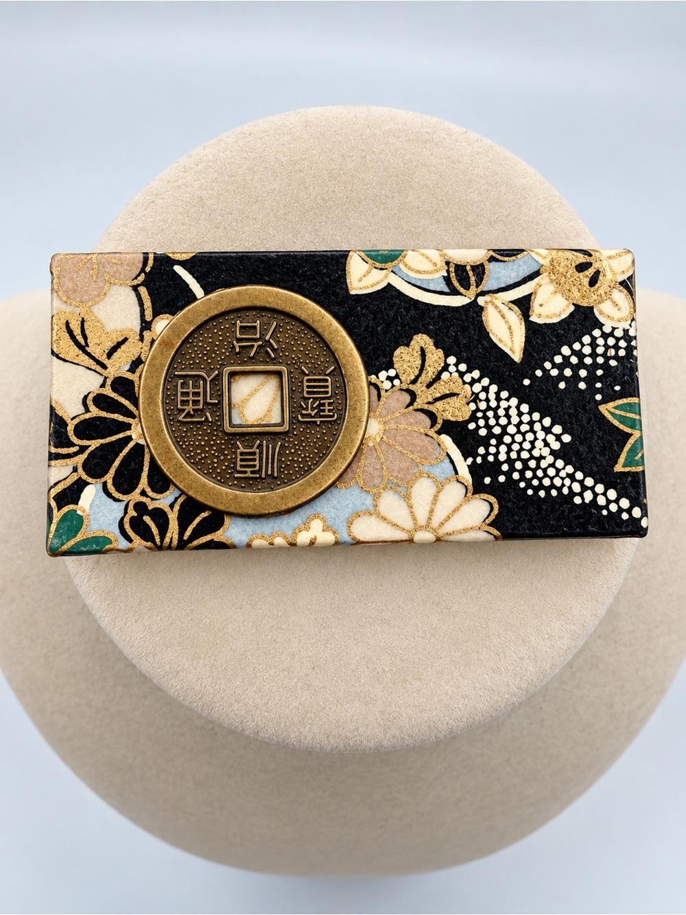 Qianlong Coin Japanese Washi Floral Statement Brooch Pin